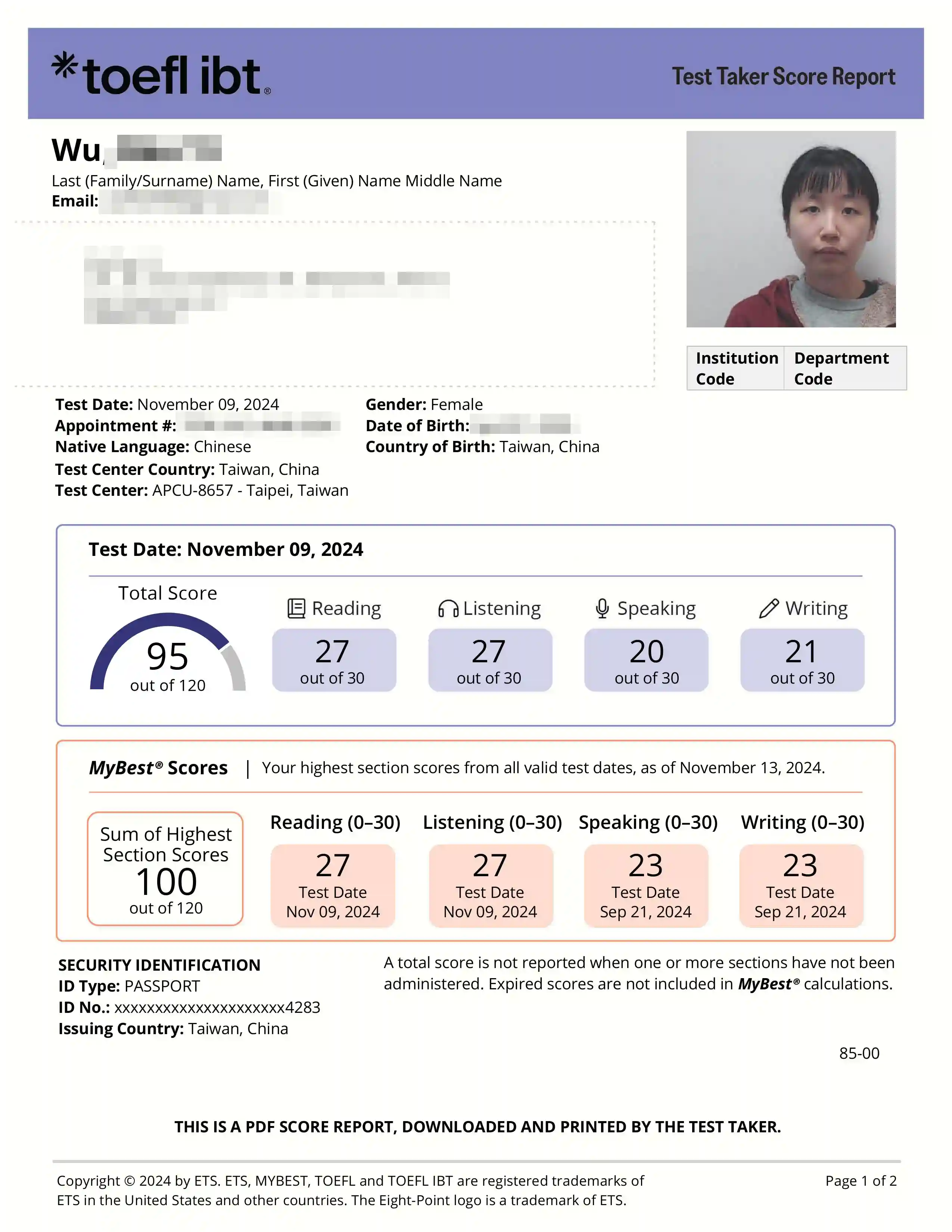 洋碩美語托福學員成績單 洋碩美語托福學員成績單
